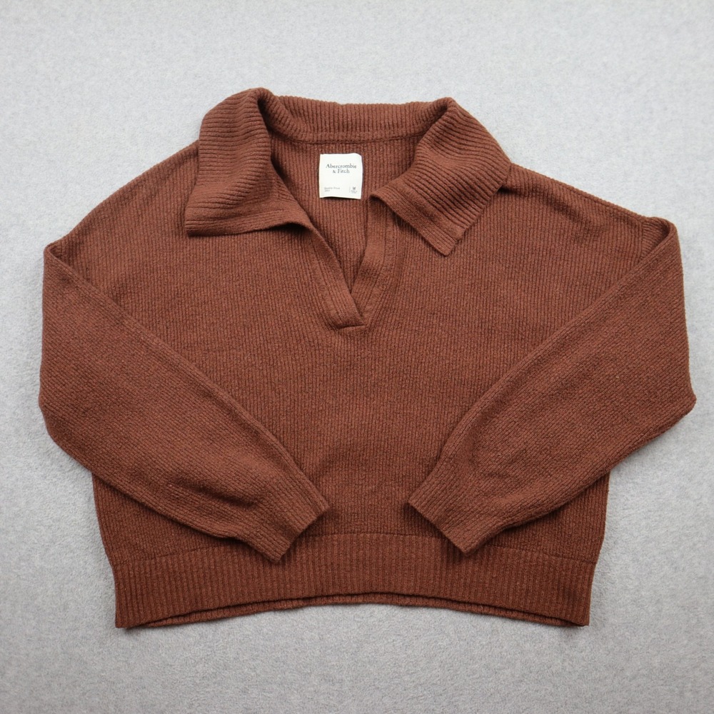 Abercrombie & Fitch Sweater Womens Medium Johnny Collar Brown Ribbed V-Neck Knit